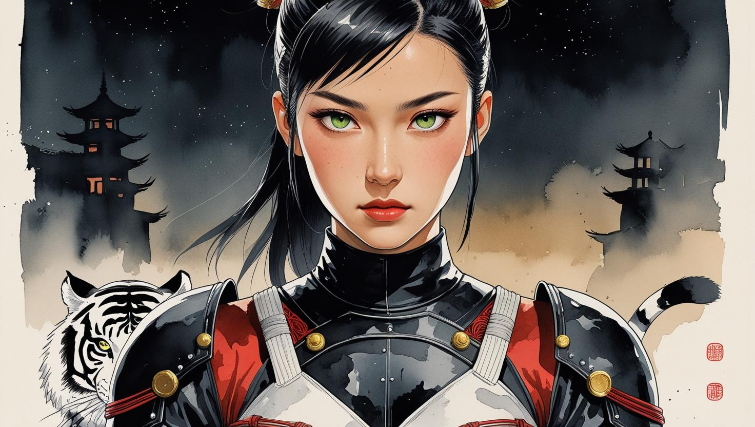 Anime Babe ai designs anime asian inspired cover page etsy shop header image tiger vintage warrior watercolor website header