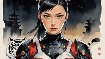 Anime Babe ai designs anime asian inspired cover page etsy shop header image tiger vintage warrior watercolor website header