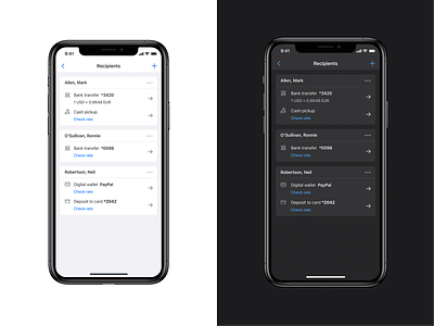 Cross-border remittances - recipients api app bank clean design financial fintech interface iphone mobile modern money native payment product remittance sdk transfer ui ux