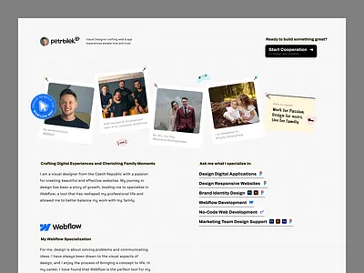 Petrbilek.com - About - v3.33333 button card design designer figma landing page portfolio self promo services sidebar ui ux web webflow website