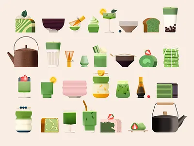 Ceremonial collection 🍵 cake collection drink figma flat food fruits glass glass effect green illustration matcha minimal noise tea texture vector