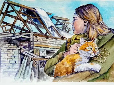 Original Watercolor Painting, Ukrainian War Art, Cat and Woman, art cat hand painted handmade paint painting people ukraine war watercolor woman