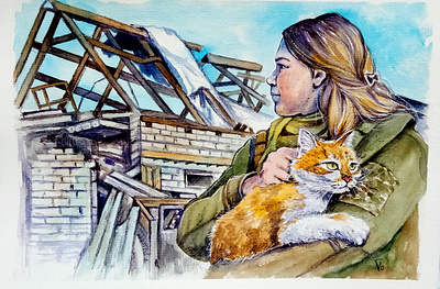 Original Watercolor Painting, Ukrainian War Art, Cat and Woman, art cat hand painted handmade paint painting people ukraine war watercolor woman