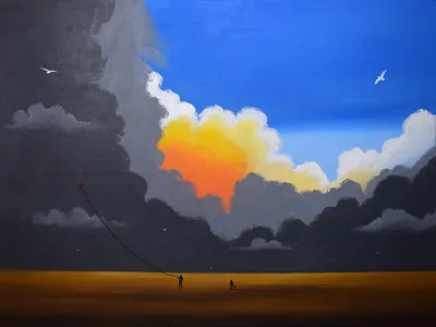 Day of the Kite beach beach landscape beautiful day blue sky clouds original painting sea seagul seaside sunny day wall art