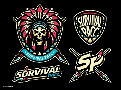 SURVIVAL PACC INDIAN SKULL branding design esportlogo graphic design illustration indian logo logo mascot mascot logo primitive logos skull drawing skull logo skull vector spear spear logo war logo