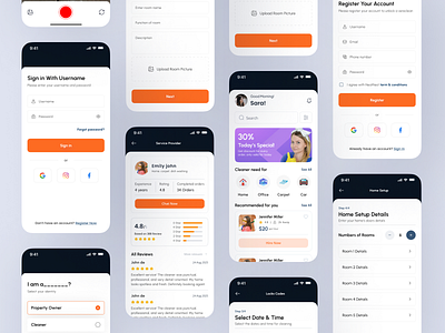 Home Services App – UI/UX app design app uiux design clean ui cleaning app designer figma figma uiux home page home service app mobile app design review page ui design ux ux design