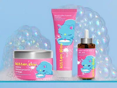 kitten glow milky skincare brand identity cosmetics graphic design label design packaging playful risograph skincare typography