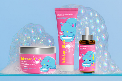 kitten glow milky skincare brand identity cosmetics graphic design label design packaging playful risograph skincare typography