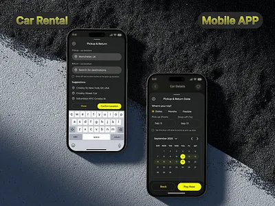 Car Rental Mobile App β Dark Mode Concept booking app ui calander car booking app car hire app car rental app car rental ui clean ui design dark mode app dark theme app mobile app concept mobile app design modern app ui picup rental service app retturn travel app design ui ux ui ux design vehicle rental app
