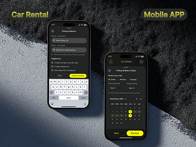 Car Rental Mobile App – Dark Mode Concept booking app ui calander car booking app car hire app car rental app car rental ui clean ui design dark mode app dark theme app mobile app concept mobile app design modern app ui picup rental service app retturn travel app design ui ux ui ux design vehicle rental app