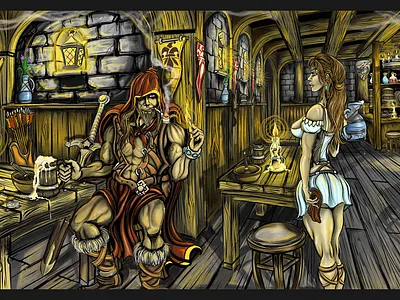 Fantasy Tavern... Warrior relaxing having a beer. barbarian character design dungeons and dragons eldritch fantasy art fantasy pinup girl fantasy scene fantasy tavern rpg tavern tavern warrior