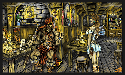 Fantasy Tavern... Warrior relaxing having a beer. barbarian character design dungeons and dragons eldritch fantasy art fantasy pinup girl fantasy scene fantasy tavern rpg tavern tavern warrior