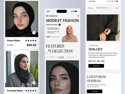 Modern Hijab & Abaya E-Commerce Mobile UI abaya design clean interface clothing store ui e commerce design elegant fashion ui fashion e commerce fashion mobile fashion mobile app fashion website hijab collection mehbubur rahman minimal ui mobile app mobile ui modern fashion design modern mobile app modest fashion modest wear brand responsiveness