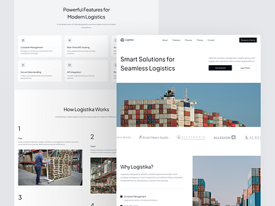 Logistika – Landing Page for Modern Logistics Platform clean design company profile design desktop homepage landing page landing page ui logistics logistics platform minimalist design modern design typography ui uidesign uiux ux uxdesign web design webpage website