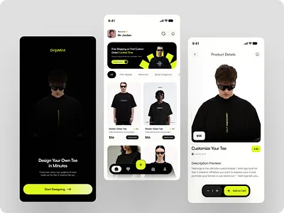 Fashion Shopping App Minimal Dark Mode Clothing Store Design app concept clean interface clothing store app custom clothing app custom fashion ui dark mode ui e commerce app fashion app fashion e commerce gen z fashion mehbubur rahman minimal mobile ui mobile app design mobile ui modern fashion app product detail page retail app design shopping app ui streetwear design t shirt app