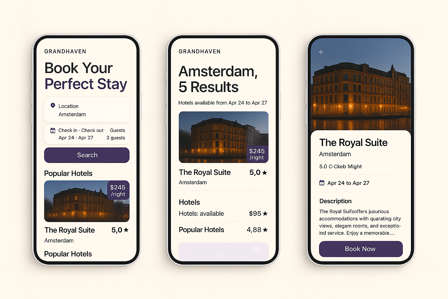 Grandhaven - Hotel Booking App Design android app design booking app branding calendar hotel hotel app hotel booking hotel booking app hotel branding hotel deals hotels ios mobile app room booking search tour trip ux ux design