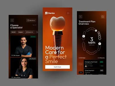 Dental Clinic Mobile App – Modern Healthcare UI app design appointment app dark mode ui dental app design inspiration digital health doctor app health app healthcare app medical app mobile app mobile app design mobile ui modern ui patient care app product design ui design ui ux