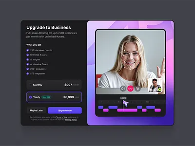 Upgrade subscription modal in dark mode theme agent agentic ai business candidate dashboard hiring interview job jobs modal plans pricing product design saas subscription timeline upgrade
