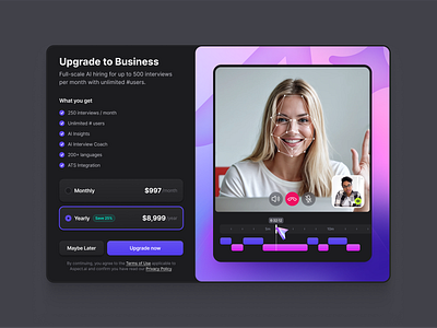 Upgrade subscription modal in dark mode theme agent agentic ai business candidate dashboard hiring interview job jobs modal plans pricing product design saas subscription timeline upgrade