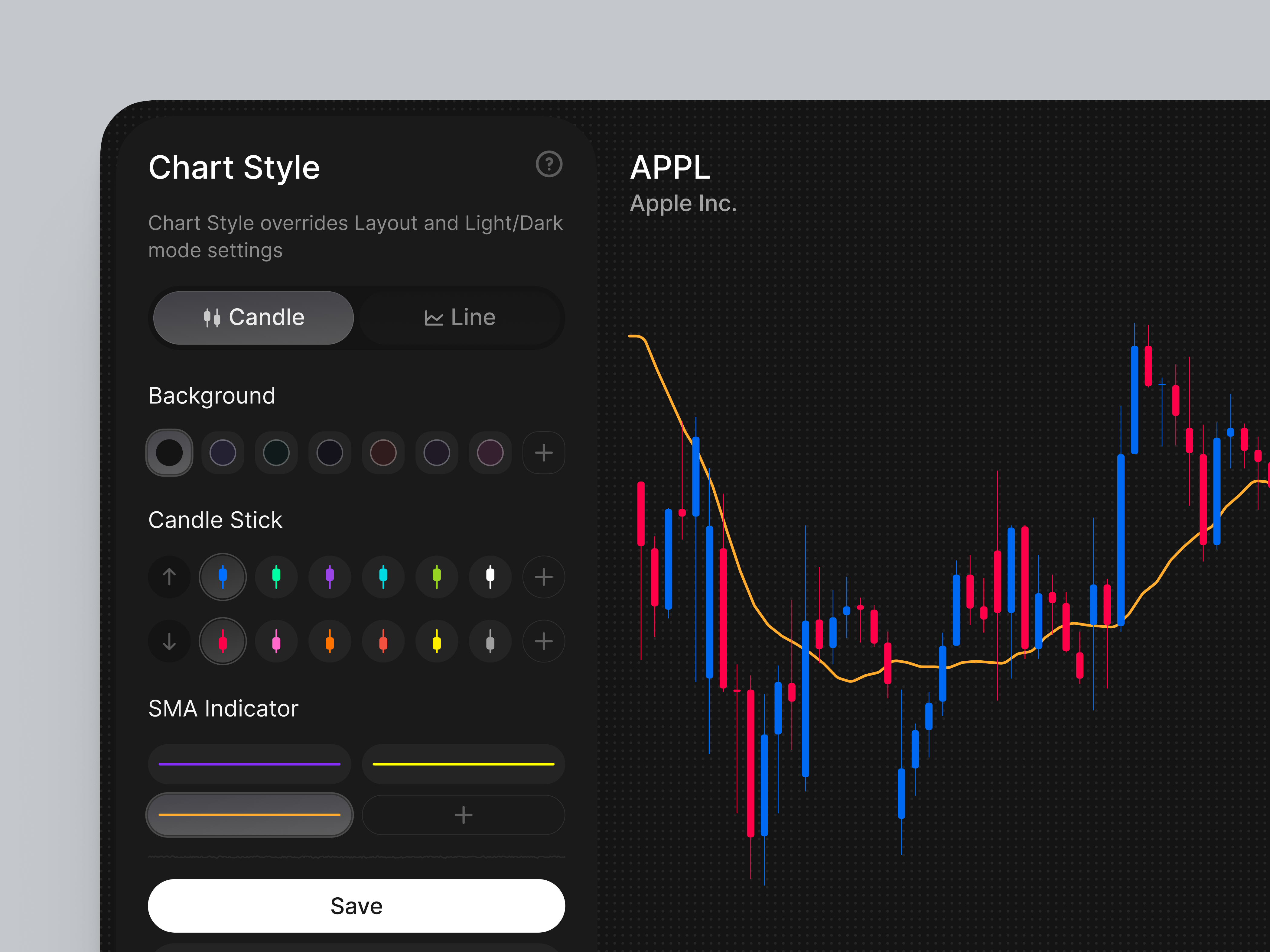 Customizable Stock Chart UI candle chart chartdesign cryptoapp dark darkmodeui datavisualization fintech productdesign settings stock trading ui