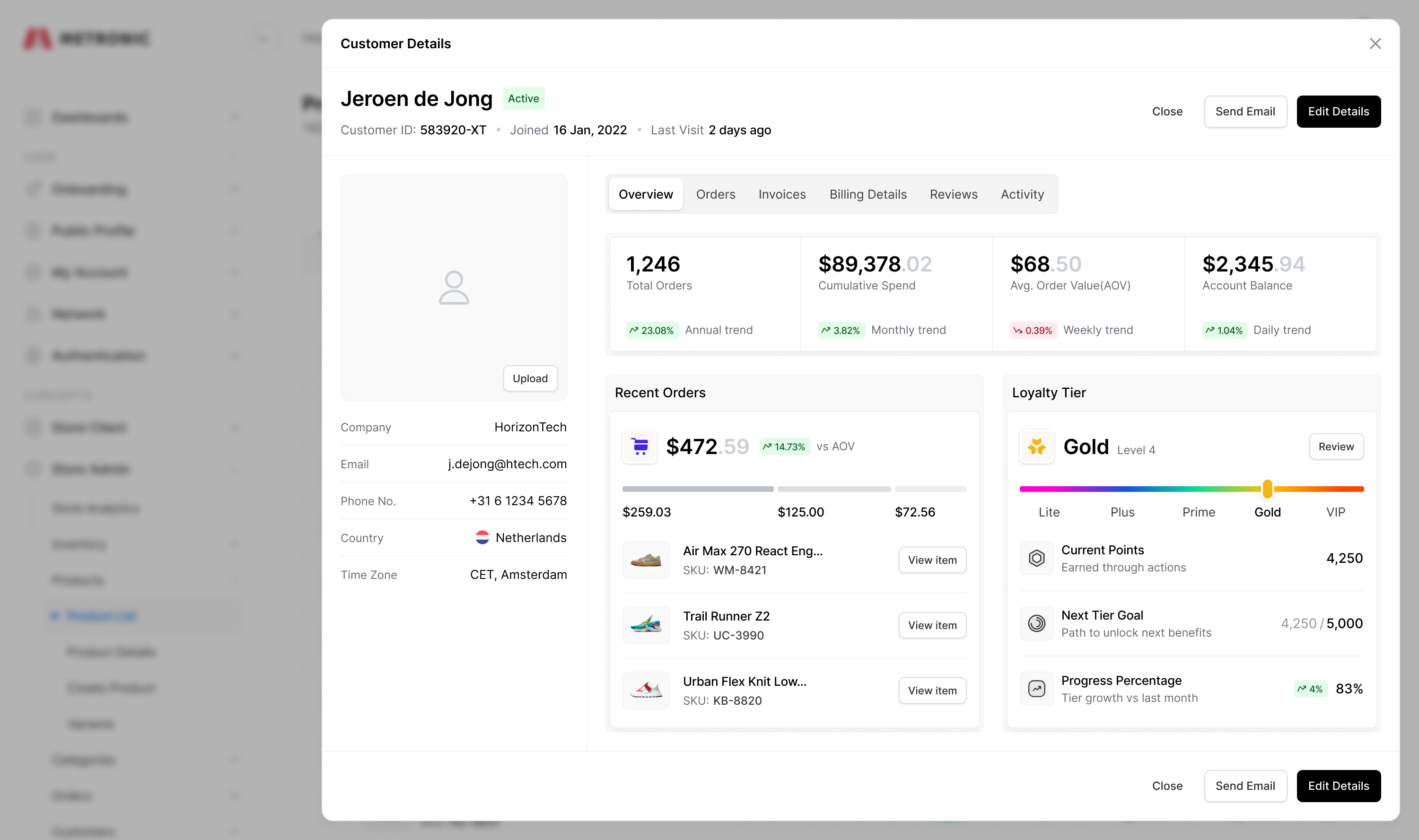 Metronic 9 - Inventory - Customer Details - Overview customer details dashboard inventory loyalty tier stats