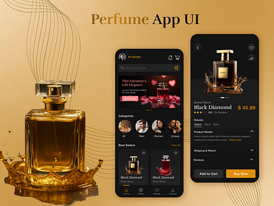 Perfume App UI – Home & Product Screen appdesign dribble ecommerce homescreen luxuryui mobileapp perfume perfumehome productdescription ui uiux