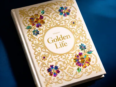 Golden Life Hardcover Book 3d 3d art ai art book colorful colors cover design gold graphic design hardcover illustration product text visualization