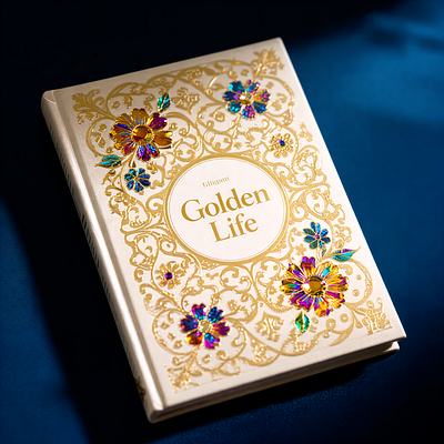 Golden Life Hardcover Book 3d 3d art ai art book colorful colors cover design gold graphic design hardcover illustration product text visualization
