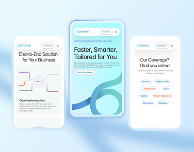 Conexa - ERP Landing Page Mobile View animation backswitch branding design erp framer graphic design landing light live logo minnimalist mobile page realproject teal ui ux visual identity website