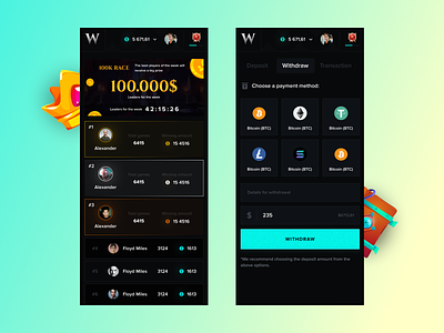 Wildtopia - Crypto Casino / Mobile banner blockchain cash out casino crash crypto gambling game gaming graphic design illustration leaderboard list mobile mobile ui payment prize transaction wallet withdraw
