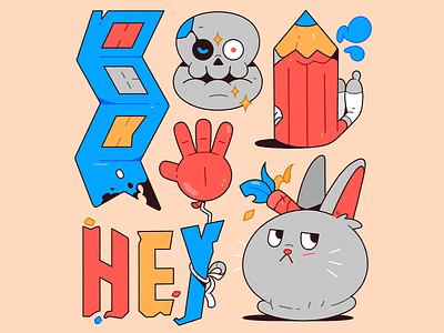 The Cadmium Clan. 2d balloon blue bunny carrot cartoon character characterdesign food grey hand hey illustration illustrator orange pencil rabbit skull