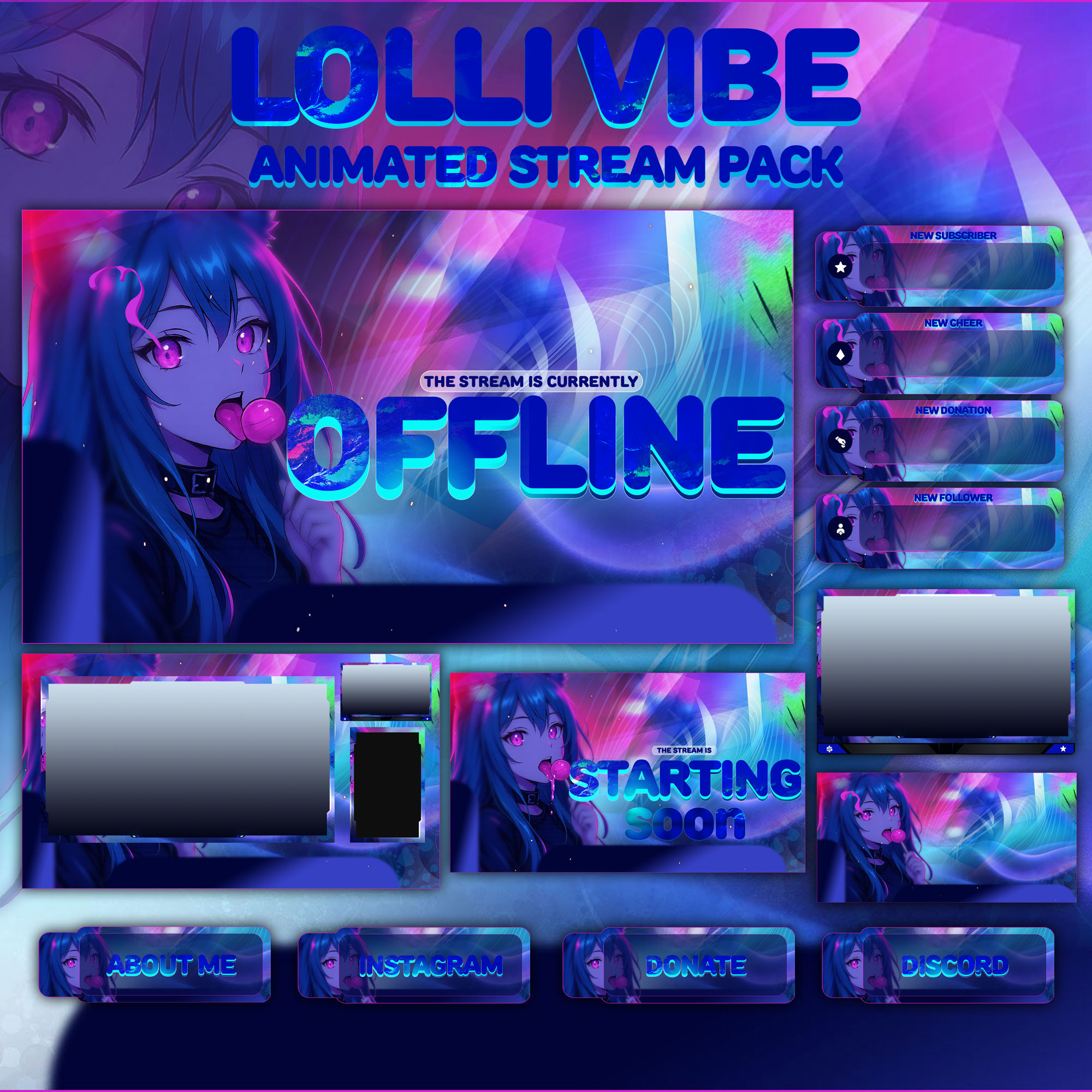 Lollipop Vibe VTuber Animated Stream Overlay twitch Stream Kick animated pack stream animated screens banner design kick kick overlay kick screens kick stream animated overlay kick stream overlay pack stream overlay stinger transition twitch twitch pack twitch stream overlay