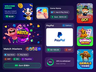 Cashcow: Cards cards conversion game games gaming product design rewards ui visual design