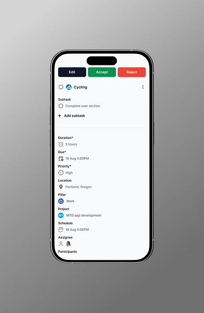Task Details app mockup clean ui collaboration app daily planner ios app design minimal design mobile app ui mobile dashboard mobile productivity modern ui design productivity app project management app schedule app smart task manager subtask ui task details screen task management user interface ux design work management