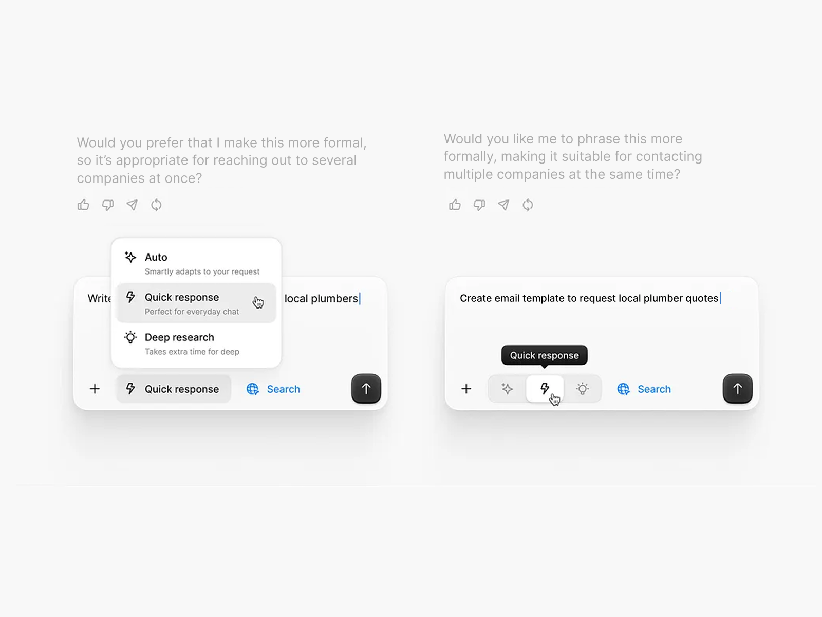 Left or Right? AI Powered Tone Control: From Formal to Casual UI ai menu item ai panel ai panmel chatbot clean dropdown helloeemon minimal modern ui design