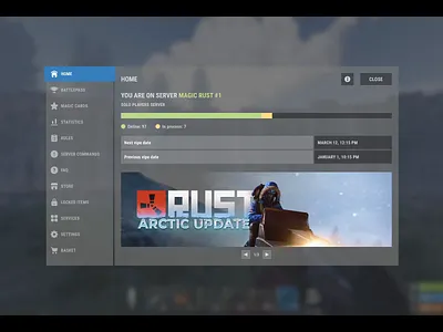Magic Rust - Game server UX/UI design battle pass crypto casino crypto game dark ui dashboard gambling game game cards game design game interface game onboarding game platform gaming nft product design roulette rust shooter ui design web design