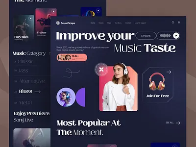 Music player web ui design landing page clean dashboard design hero section landing page minimal modern music music player music website product design saas typography ui uiux ux web application web design website website design