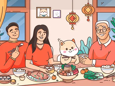 Lunar New Year celebration calendar celebration character chinese color colorful cute design dog family feast fun holiday illustration lunarnewyear newyear red shibainu vector