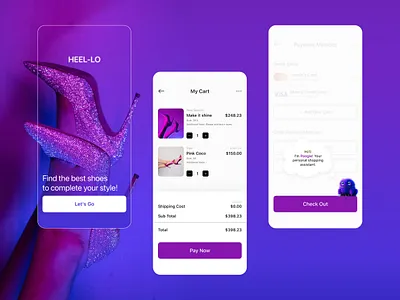 Heel-lo I Online Shoe Shop assistant branding checkout color design gradient heel logo minimal mobile mobile design online pay purple shoe shopping ui user interface ux virtual