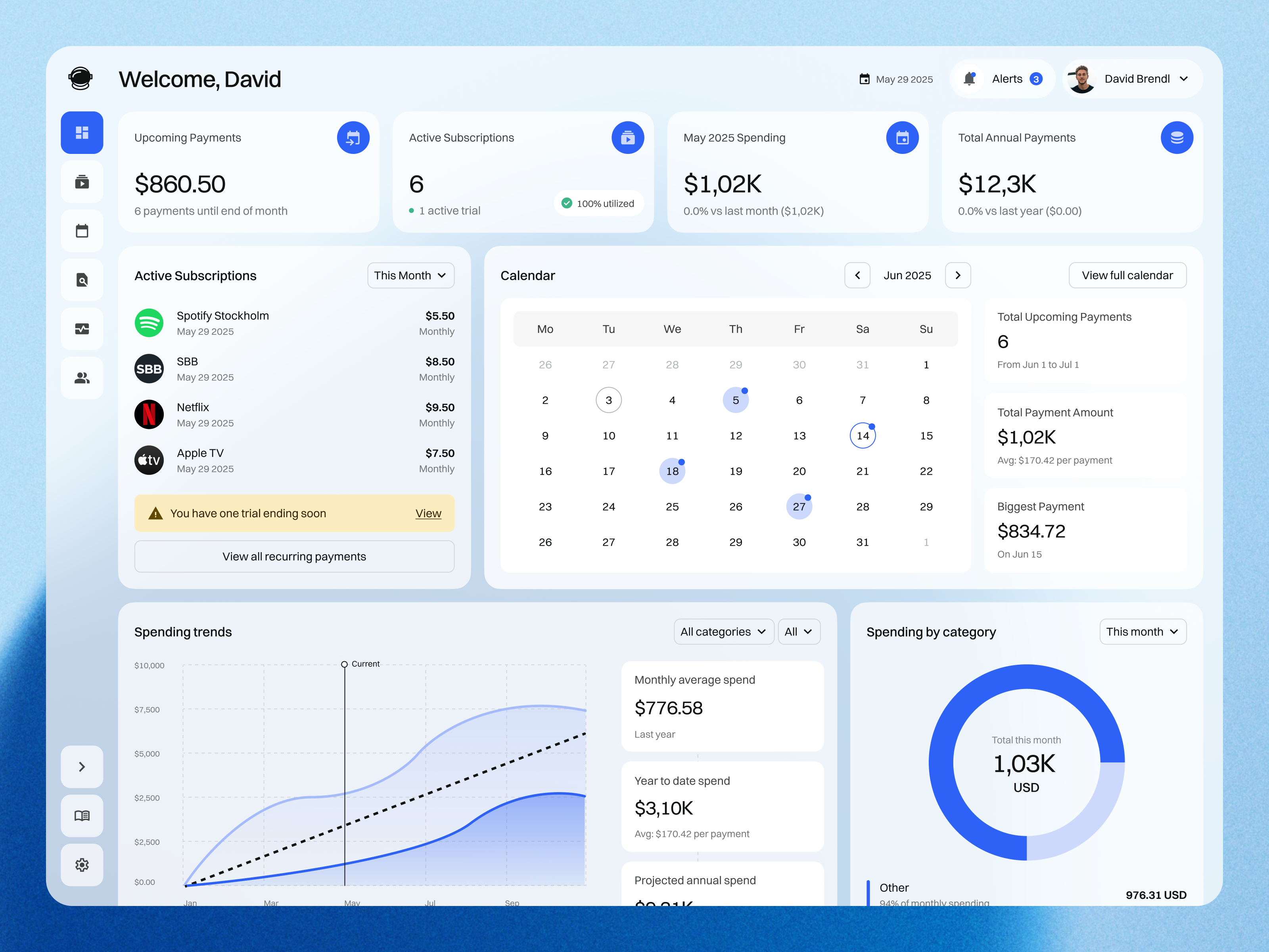 Fintech Dashboard Webb App blue calendar chart components dashboard data desktop figma finance fintech graph navigation product design spending subscriptions ui
