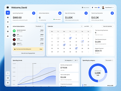 Fintech Dashboard Webb App blue calendar chart components dashboard data desktop figma finance fintech graph navigation product design spending subscriptions ui