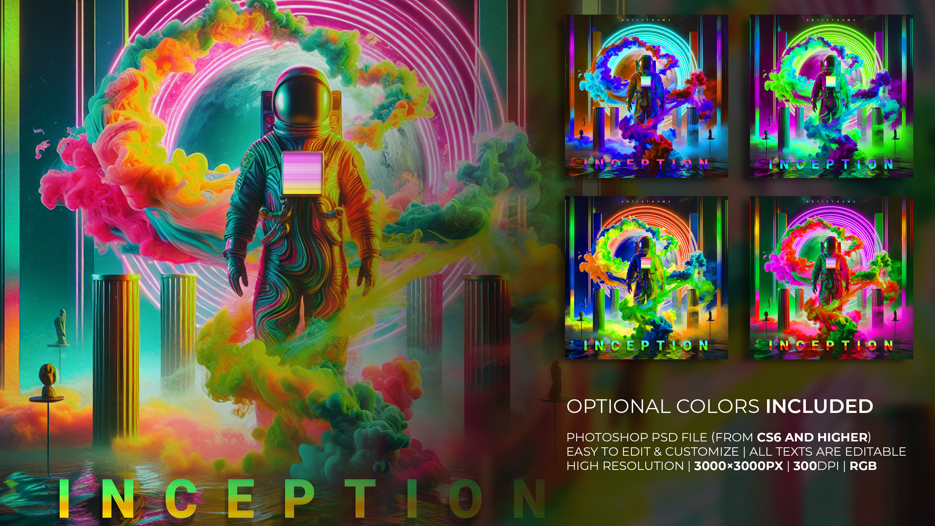 INCEPTION EDITABLE PHOTOSHOP ALBUM ARTWORK aesthetic astraunaut cover cyberpunk edm graphic design iredescent techno trance void