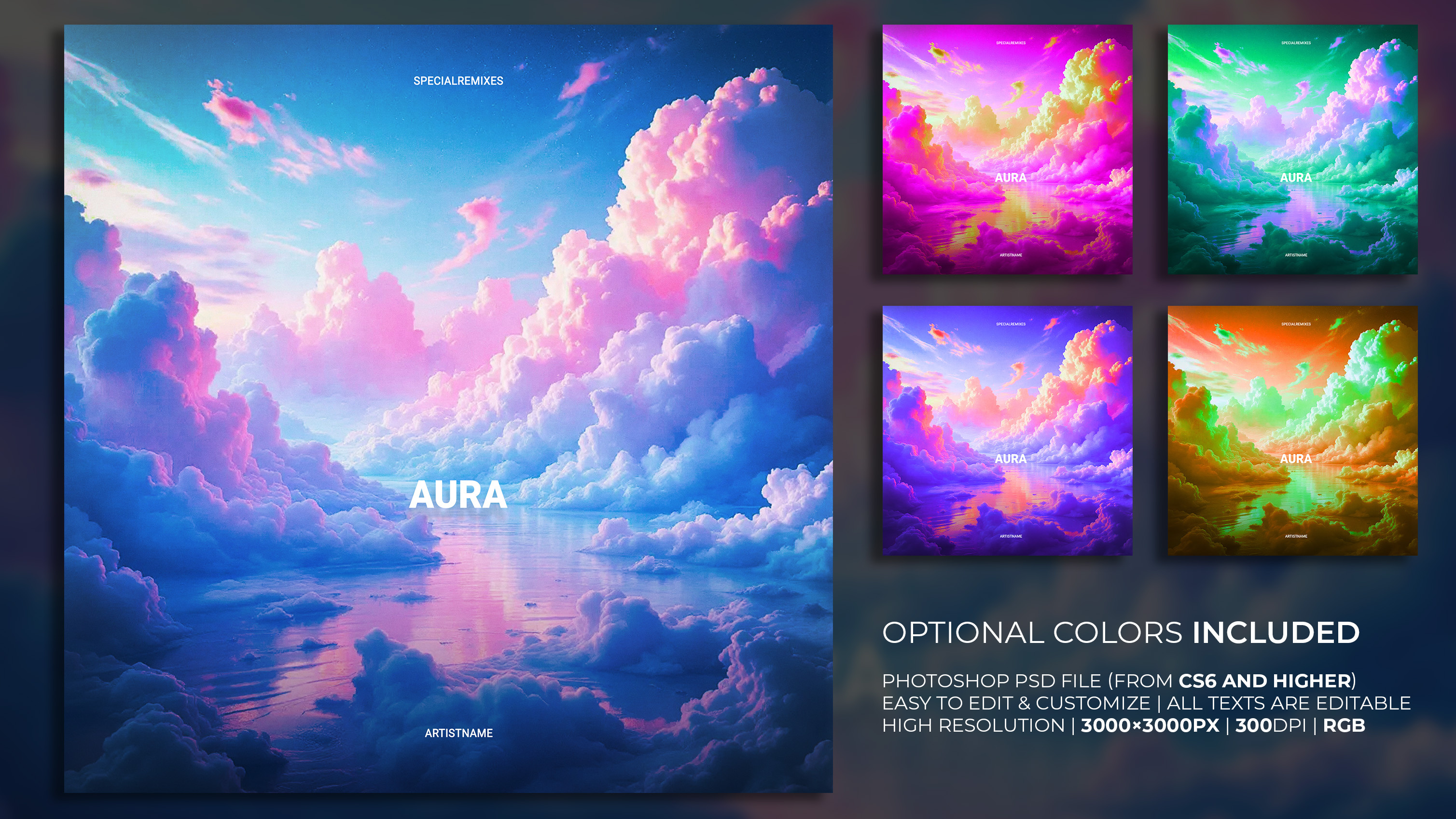 AURA EDITABLE PHOTOSHOP TEMPLATE clouds colors dream editable album artwork itunes minimal world trance