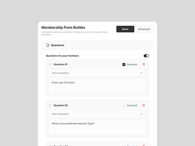 Membership Form Builder UI/UX card card ui design form input membership questions required ui userinterface ux white label