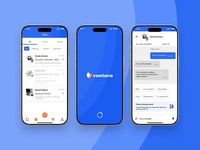 Chat - Ventura App UI Kit – Classifieds. E-Commerce. Listing blue chat classified clean ecommerce figma graphic design ios listing messaging mobile mobile design modern orange