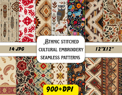 Ethnic stitched cultural embroidery seamless patterns textile surface seamless pattern