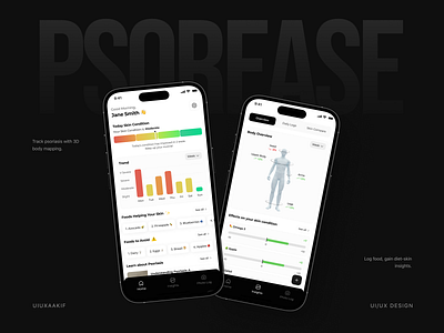 PsorEase UI/UX - Psoriasis Tracking App 3d body app design app ui design bar chart bottom bar bottom sheet calendar card gauge inspiration line chart list minimal mobile app ui mobile app ui design tabs uidesign uitrend uiux