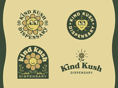 Kind Kush Early Brand Explorations business cannabis cartoon earth flirty flower fun green heart ideas logo marijuana natural neutral retail serif smile sun weed yellow