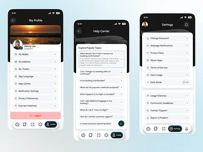 Flight Tickets Booking Mobile App (Profile &Settings Page UI) appshowcase bookingsystem cleanui faq flightapp flightbooking help and report minimaldesign mobileappdesign mobileux modernui onlinebooking profile settings ticketbooking travelapp travelbooking uidesign uiux uxdesign