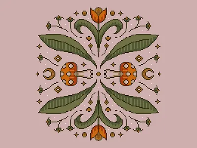 Floral Motif | Pixel Art Design botanical cottagecore cozy cross stitch decor embroidery floral flower folk art folksy fungi illustration licensing motif mushroom natural summer witchy